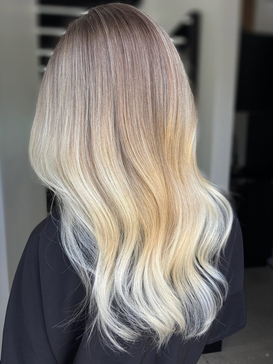 Lived-in blonde balayage, back view